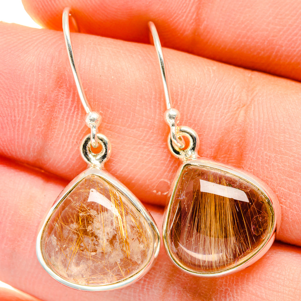 Rutilated quartz teardrop earrings in sterling silver, gold strand pendant drops