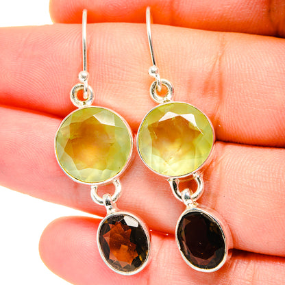 Green prehnite round drops with dark smoky quartz oval in sterling silver