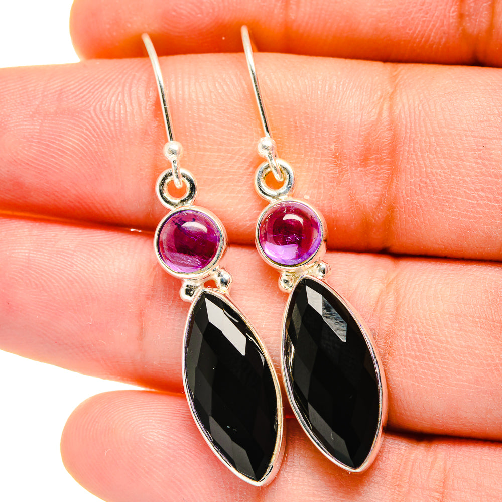 Sterling silver amethyst and black onyx drop earrings with round purple stones and hooks