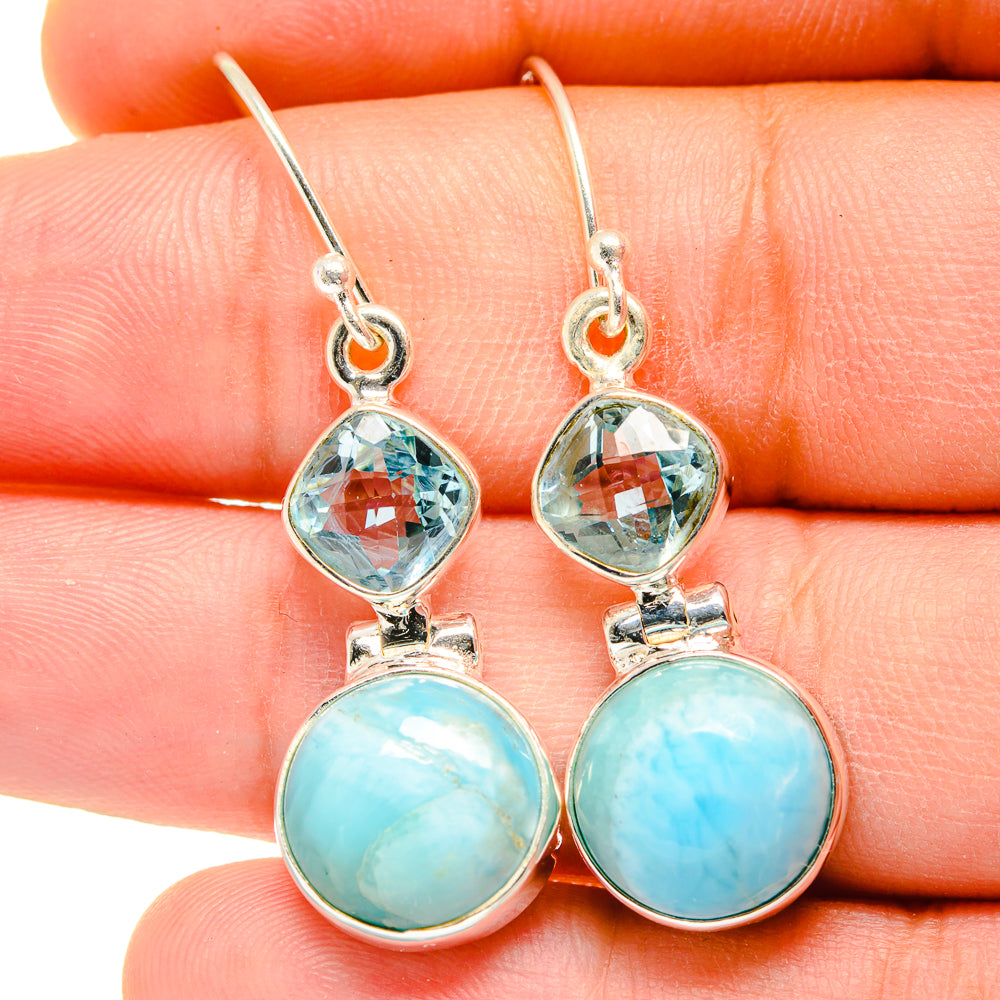 Aqua and light-blue two-stone drop earrings, faceted top and cabochon bottom, hook backs