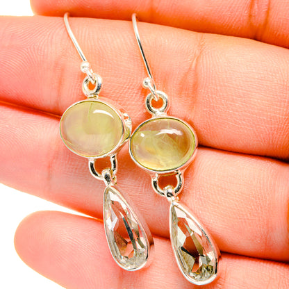 Prehnite and white quartz drop earrings with oval faceted teardrop, silver-tone hooks