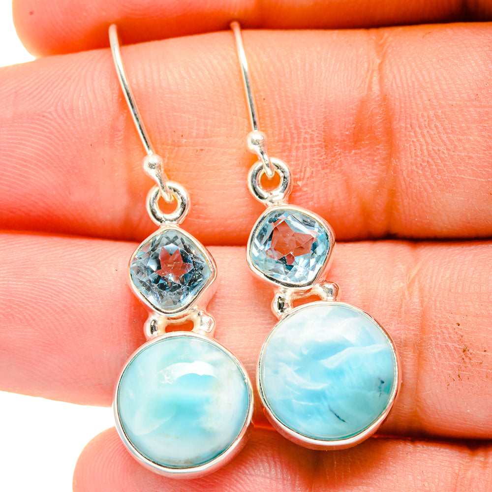 Larimar and blue topaz drop earrings in 925 sterling silver, round larimar & square topaz