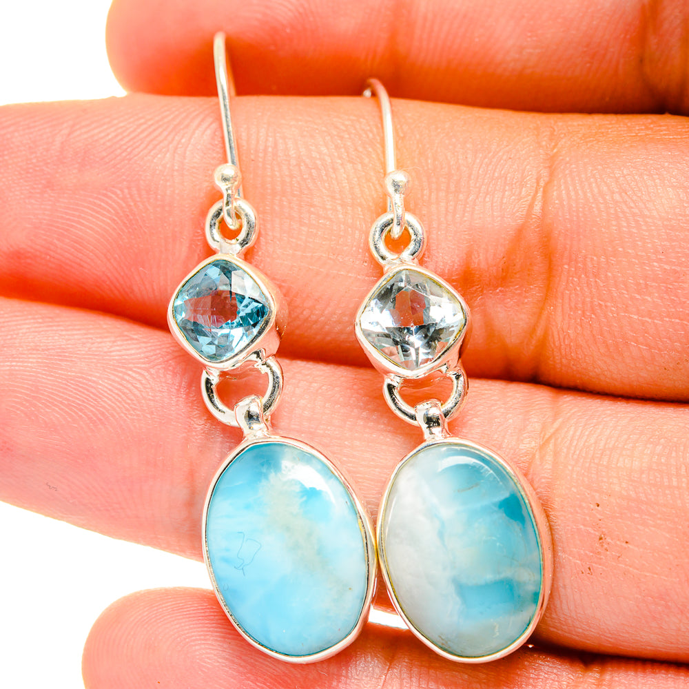 Larimar oval drop with blue topaz round stone, 925 sterling silver lever hooks