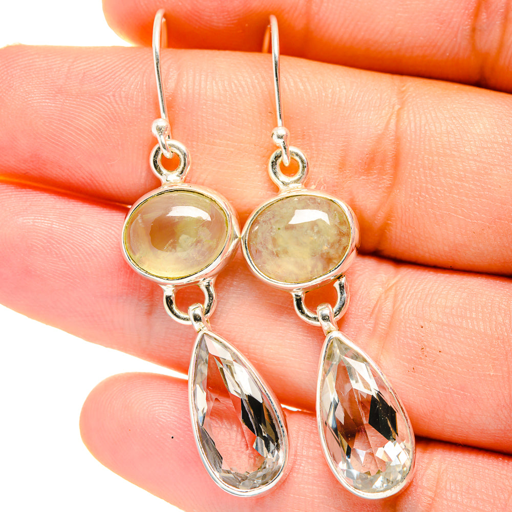 Prehnite and white quartz drop earrings, round silver settings with teardrop crystals