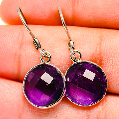 Amethyst drop earrings with round purple faceted gemstones and sterling silver hooks