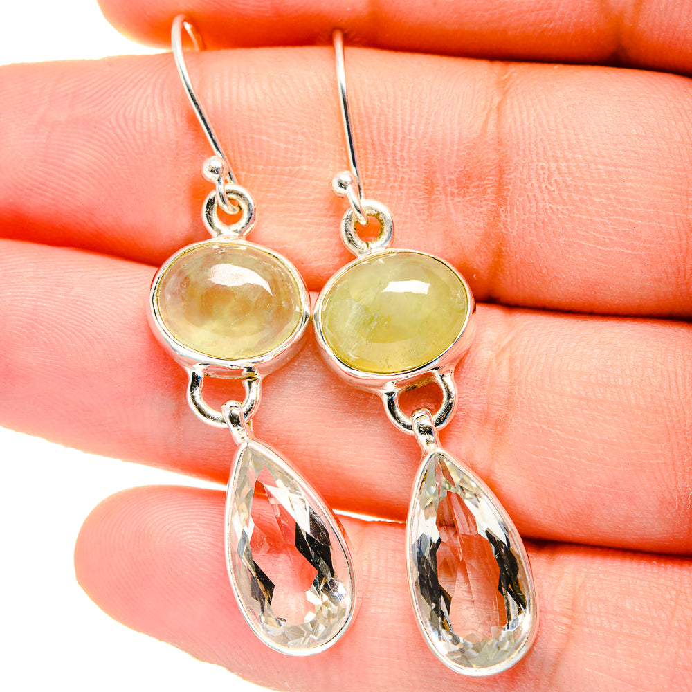 925 sterling silver drop earrings with round green gemstone and clear faceted pear drops