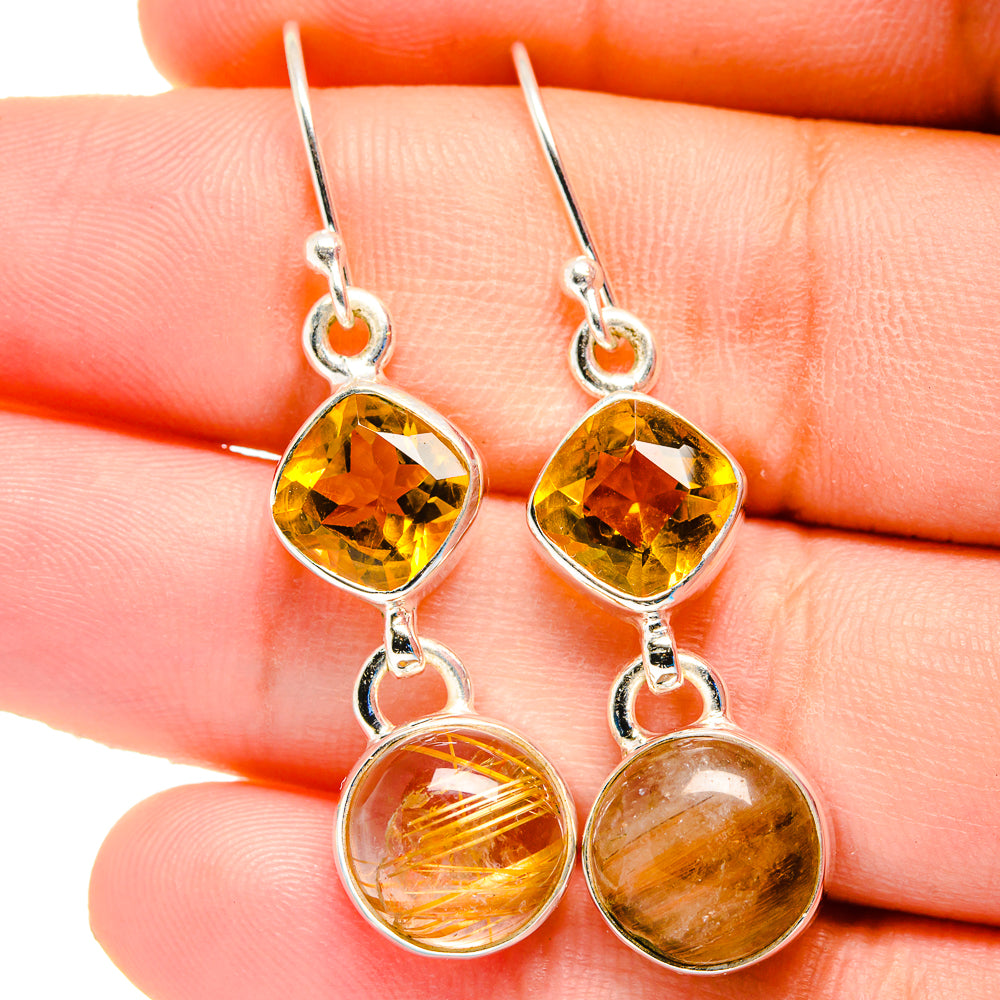 Sterling silver drop earrings with yellow faceted citrine and round rutilated quartz