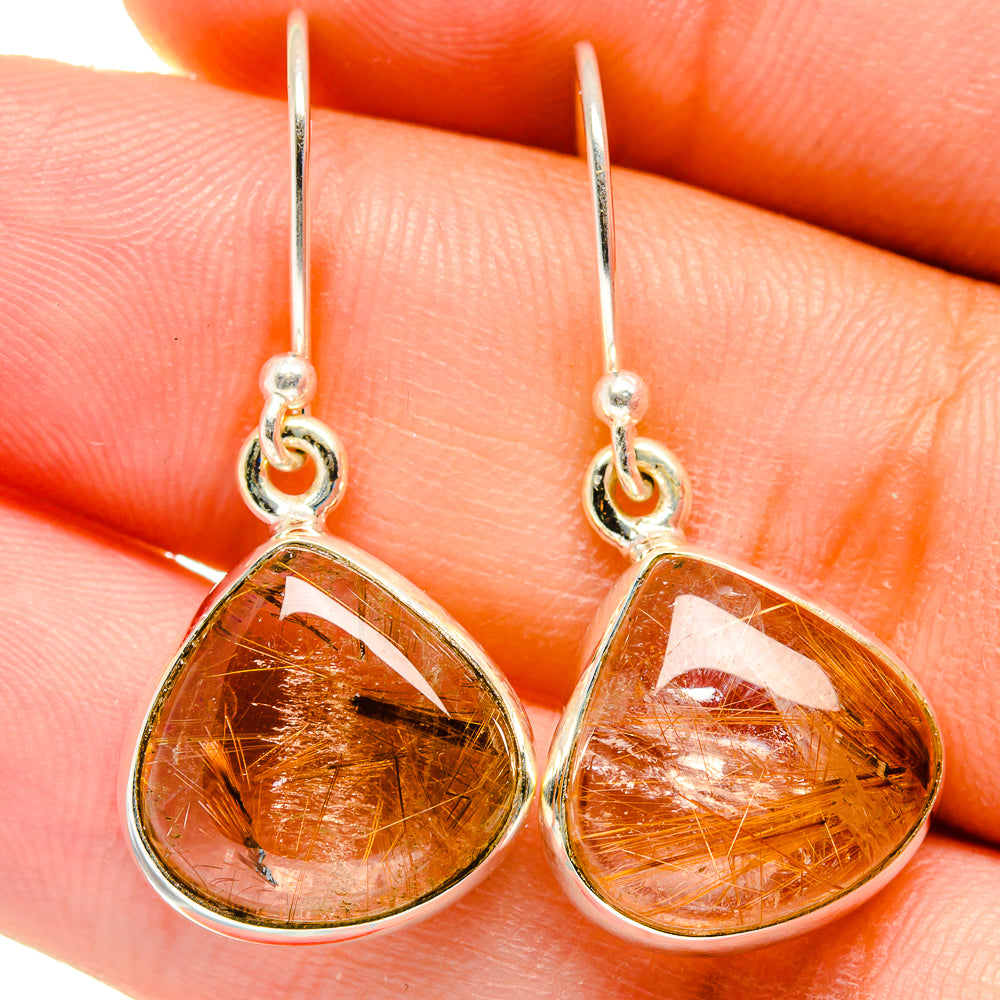 Sterling silver rutilated quartz drop earrings, teardrop orange-brown stones