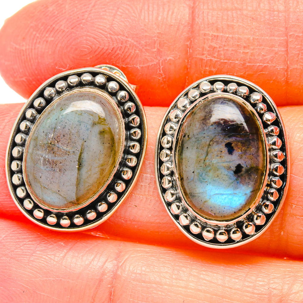 Oval labradorite stud earrings in 925 sterling silver with round bead-edge bezel
