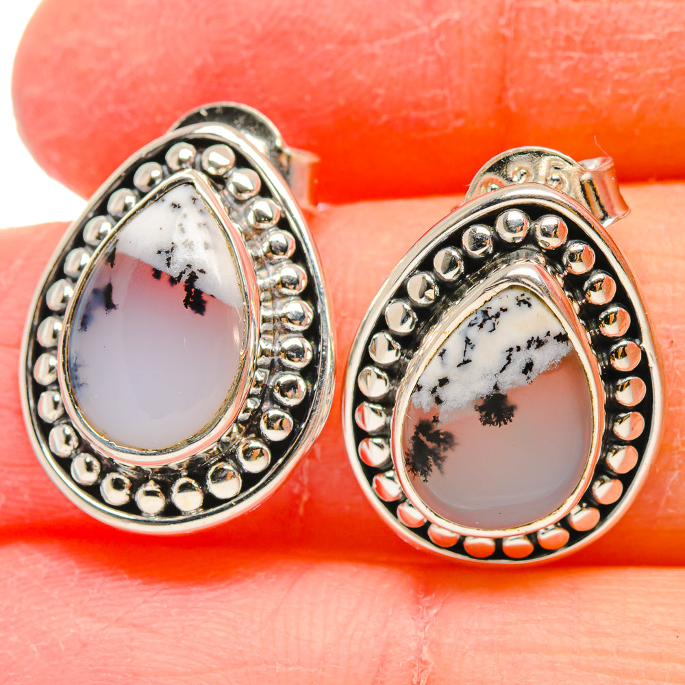 Dendritic opal teardrop earrings with beaded 925 sterling silver frames