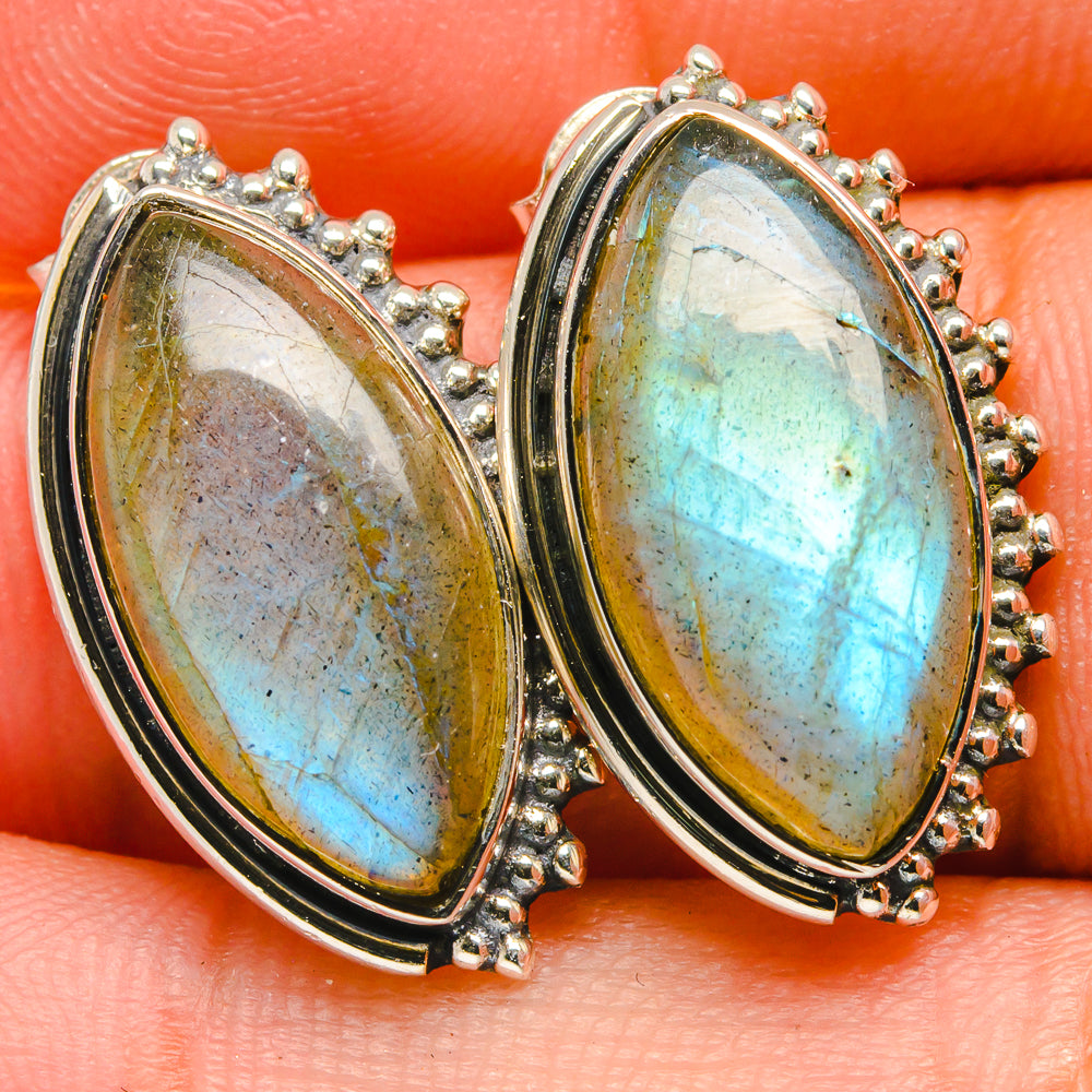 Marquise labradorite earrings in 925 sterling silver with beaded bezel border