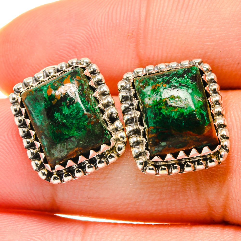 Square green chrysocolla stud earrings in 925 sterling silver bezels
