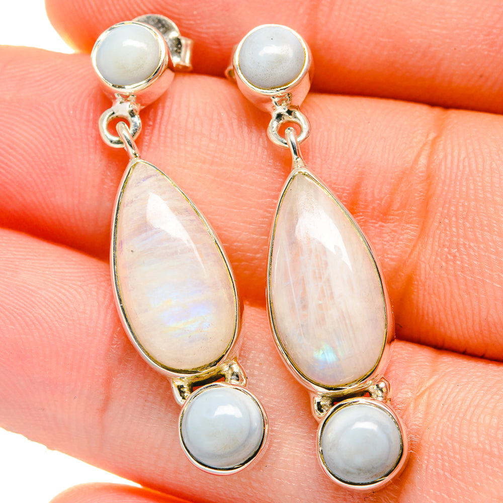 Opal teardrop and moonstone round drop earrings with silver-tone settings
