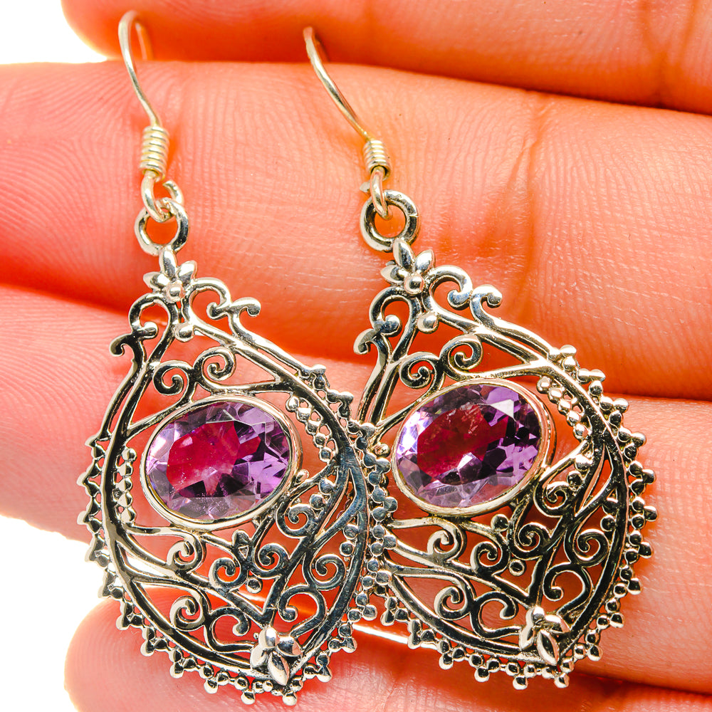 Sterling silver filigree drop earrings with faceted amethyst purple round stones