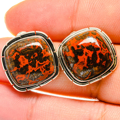 Moroccan agate stud earrings with oval orange-and-black cabochons in silver frames