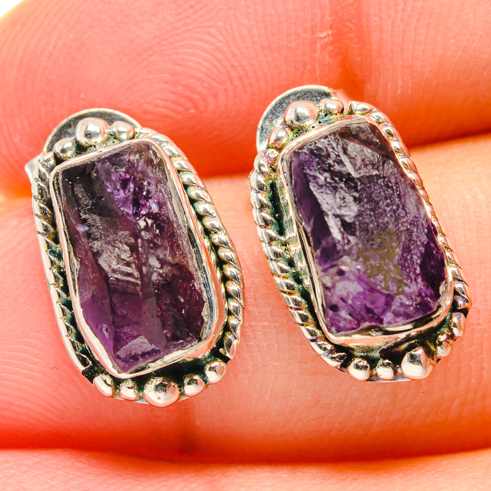 Rough amethyst stud earrings, rectangular purple crystal in ornate sterling silver bezels