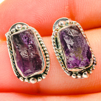 Rough amethyst stud earrings, rectangular purple crystal in ornate sterling silver bezels