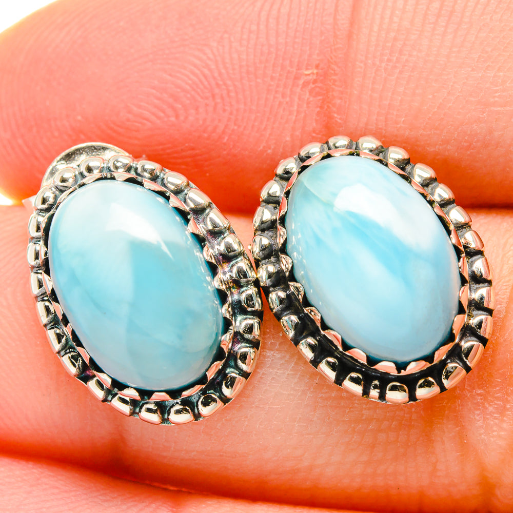 Larimar oval stud earrings, 925 sterling silver, light blue cabochon in textured bezel