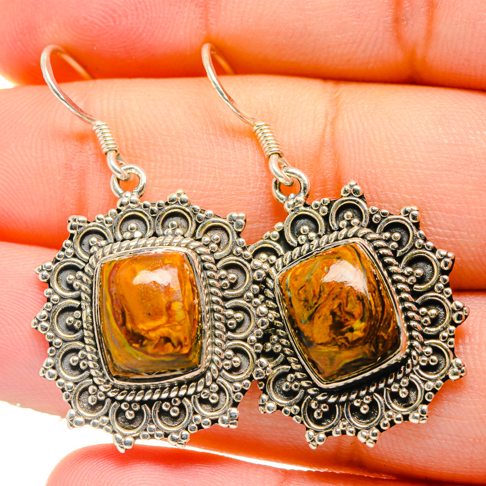 Pietersite amber cabochon dangle earrings with ornate silver filigree and square stone