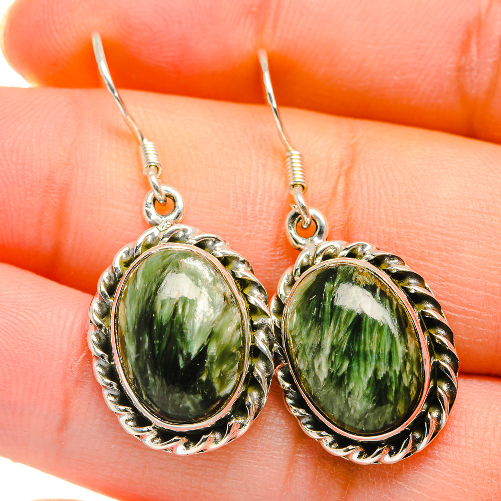 Oval green seraphinite drop earrings in ornate 925 sterling silver setting
