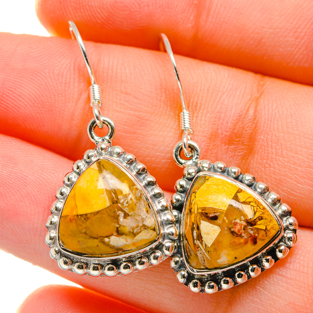 Close-up teardrop mookaite dangle earrings with amber marbled stone, 925 silver hooks