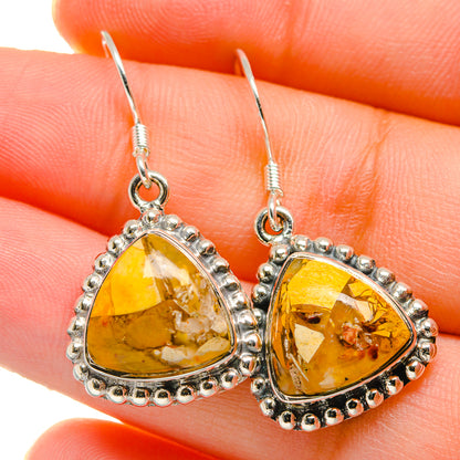 Close-up teardrop mookaite dangle earrings with amber marbled stone, 925 silver hooks