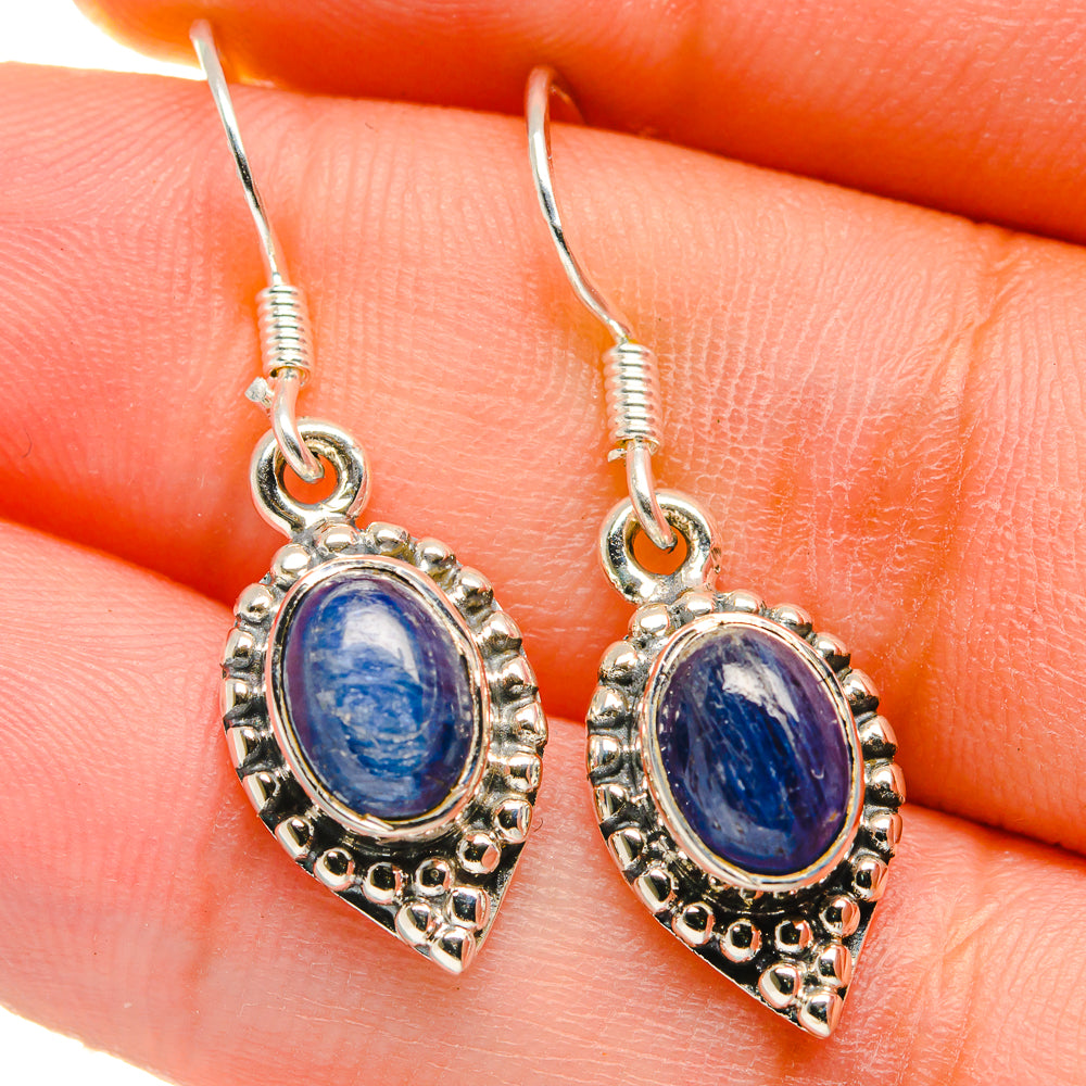 925 sterling silver kyanite earrings with blue oval stones, ornate teardrop settings