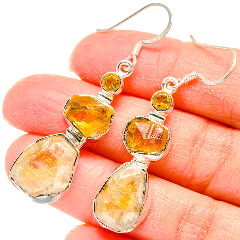 925 sterling silver citrine rough drop earrings, amber-yellow stones, fishhook