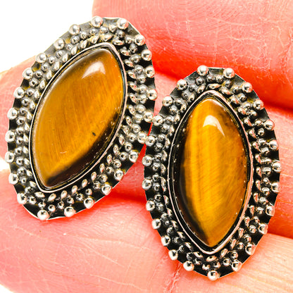 Tiger eye oval earrings in 925 sterling silver with beaded silver border