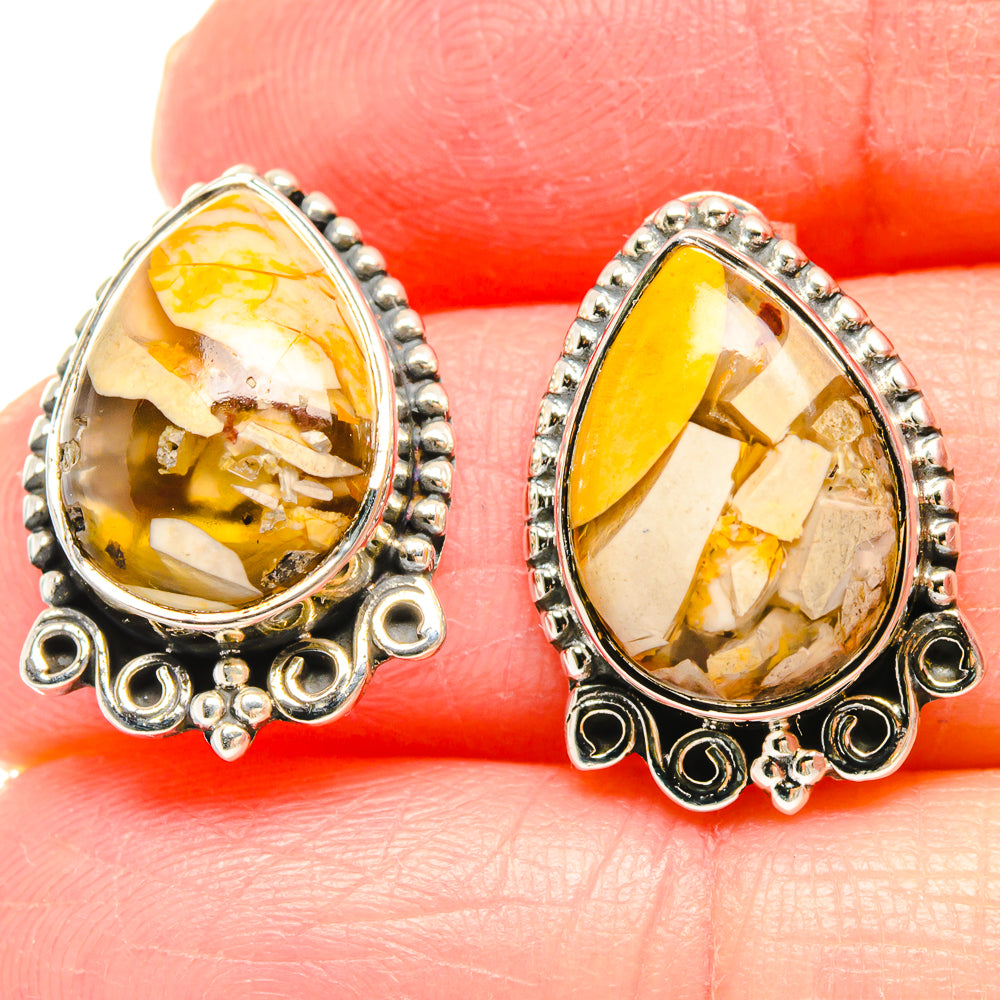 Sterling silver teardrop mookaite earrings with yellow-orange marbled stone bezel