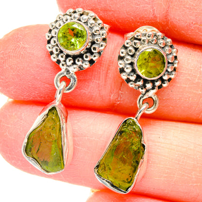 Sterling silver peridot drop earrings with green round studs and rough teardrop dangles