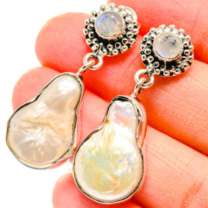 Rainbow moonstone teardrop drop earrings with silver scalloped caps and dangling chain