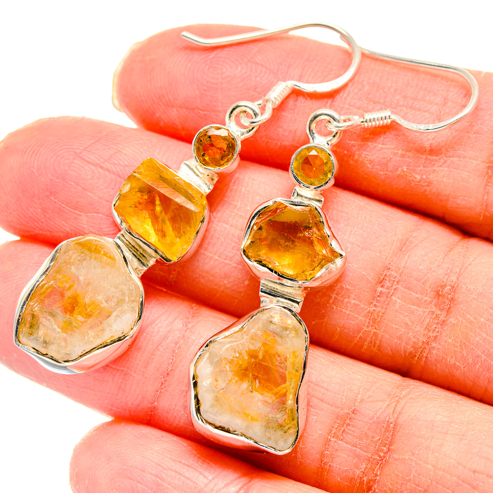 925 sterling silver rough citrine drop earrings with amber yellow facets