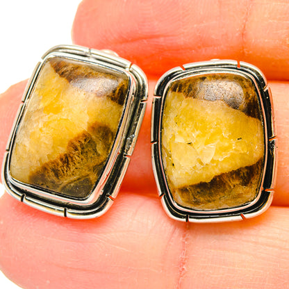 Septarian nodule earrings, square silver bezel with yellow-brown gemstone, close-up