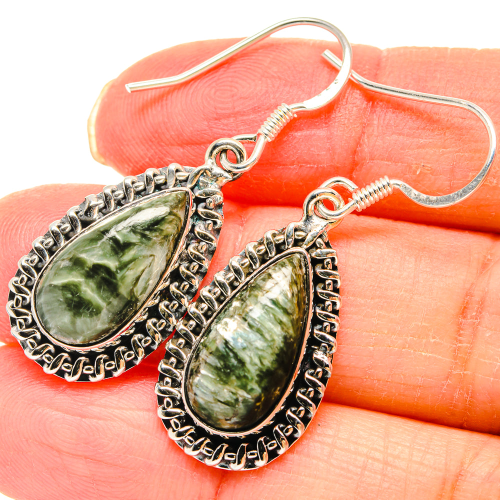 Teardrop seraphinite earrings, ornate 925 sterling silver with green stone