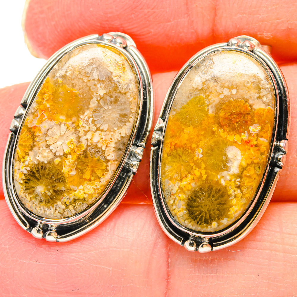 925 sterling silver oval fossil coral hoop earrings with yellow-orange textured stone