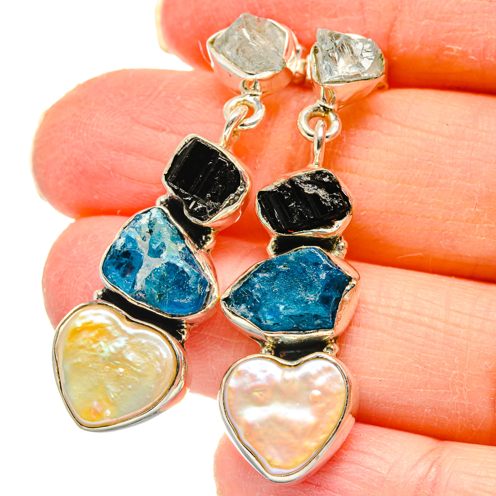 Mother Of Pearl, Apatite, Black Tourmaline, Aquamarine Earrings handcrafted by Ana Silver Co - EARR422987