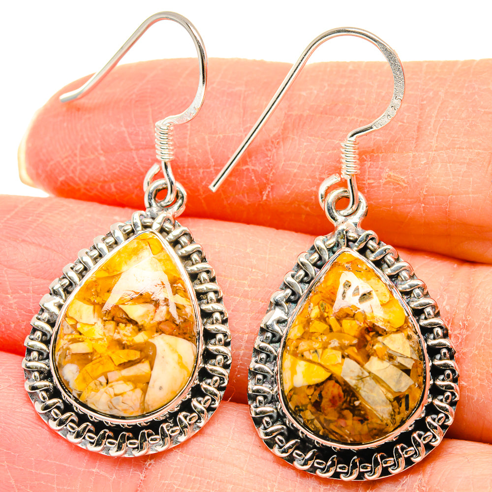 Teardrop mookaite earrings with amber yellow stone in silver bezel and hook backs