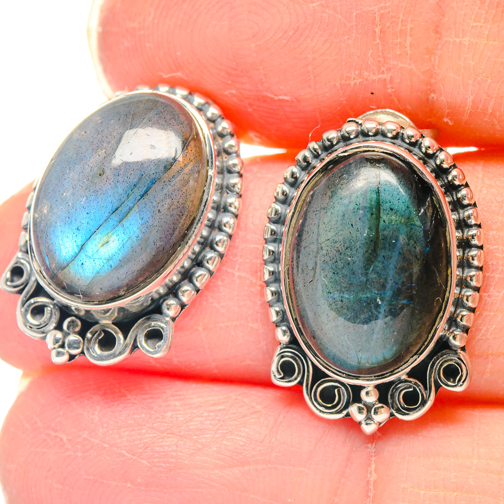 Oval labradorite earrings with blue-green flash, 925 sterling silver beaded bezel