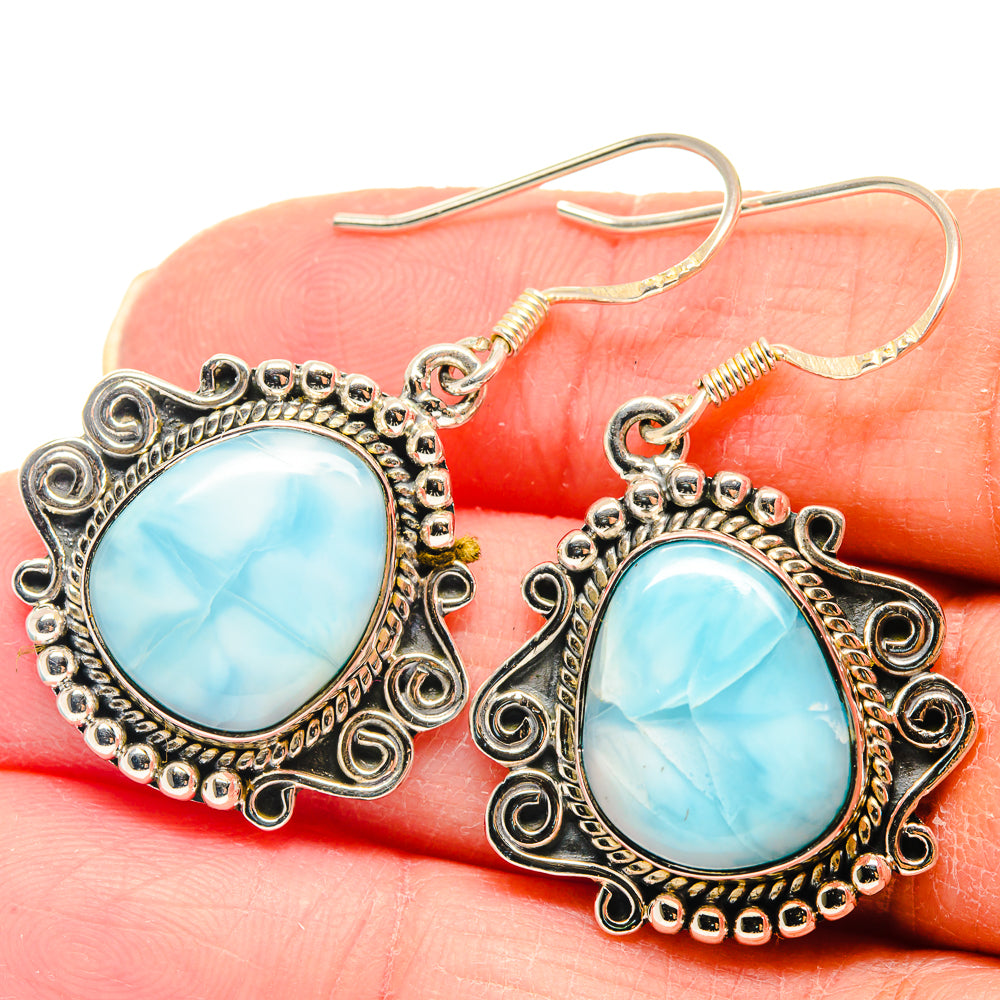 Side-hanging oval blue stone filigree drop earrings with sterling silver hooks