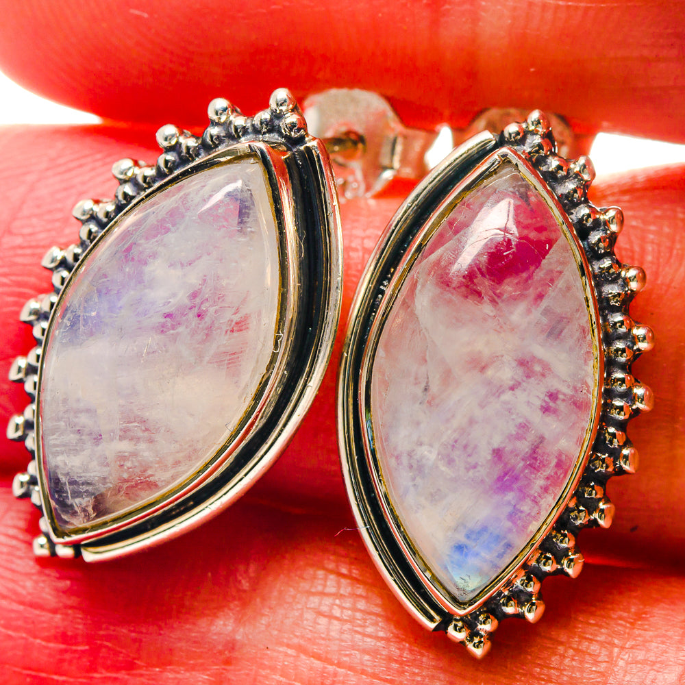 Teardrop moonstone earrings in 925 sterling silver with beaded halo, pink iridescent stones