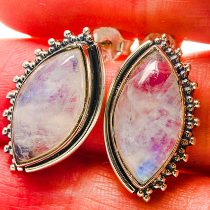 Teardrop moonstone earrings in 925 sterling silver with beaded halo, pink iridescent stones