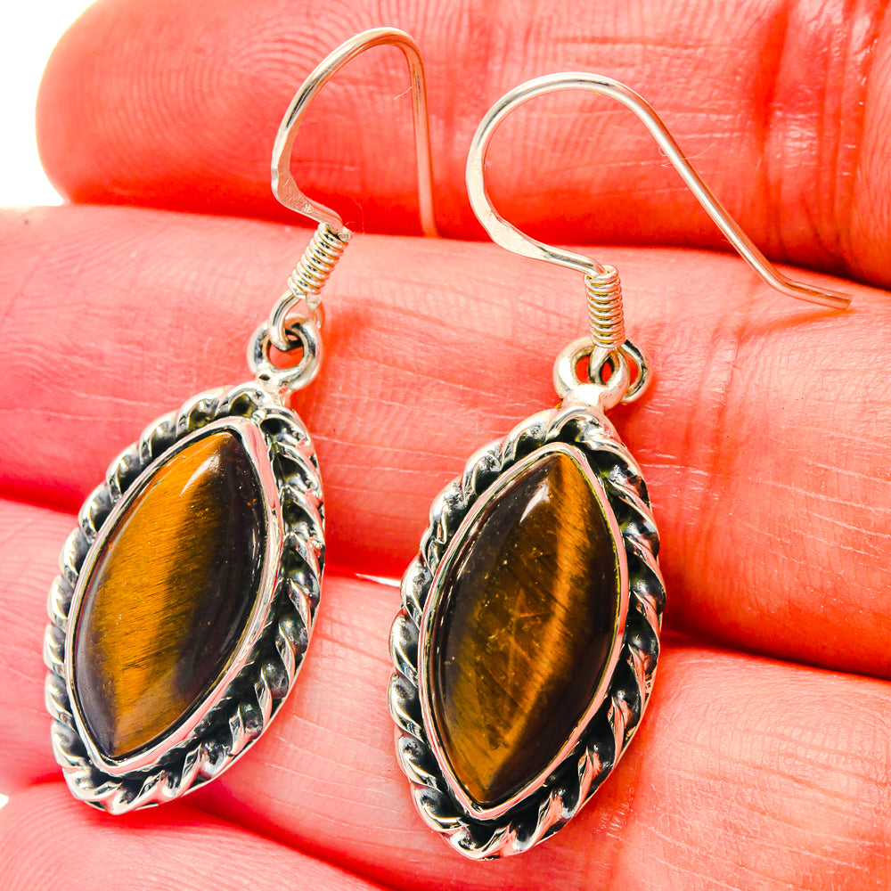 Tiger eye oval earrings, 925 silver ornate frame, gold-brown stone on fishhook