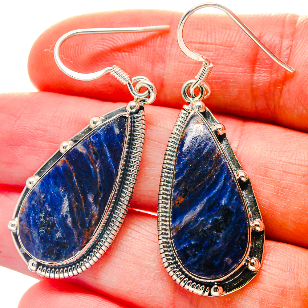 Teardrop blue sodalite earrings in 925 sterling silver, textured bezel and hook backs