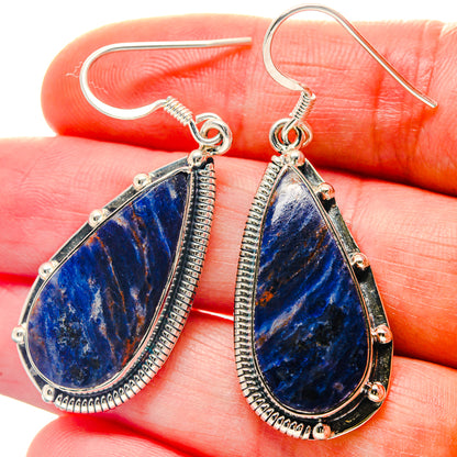 Teardrop blue sodalite earrings in 925 sterling silver, textured bezel and hook backs