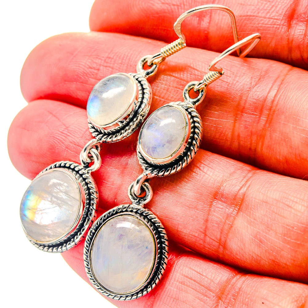 925 sterling silver drop earrings with oval rainbow moonstone cabochons