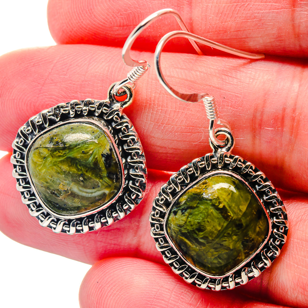 Round green opal earrings in 925 sterling silver with ornate bezel, drop hook