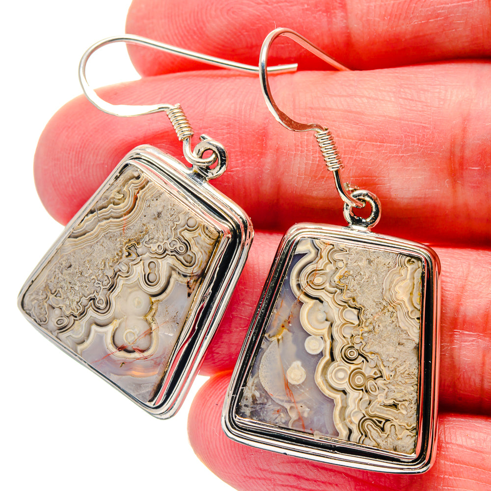 Sterling silver drop earrings with square lace agate cabochon and French hook backs