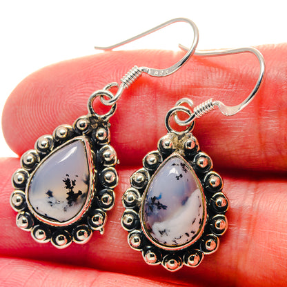 Teardrop opal drop earrings in sterling silver, blue-and-cream dendrite pattern