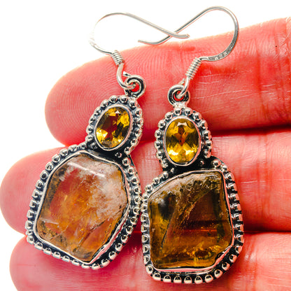 Sterling silver dangle earrings with oval yellow citrine top and amber rough bottom
